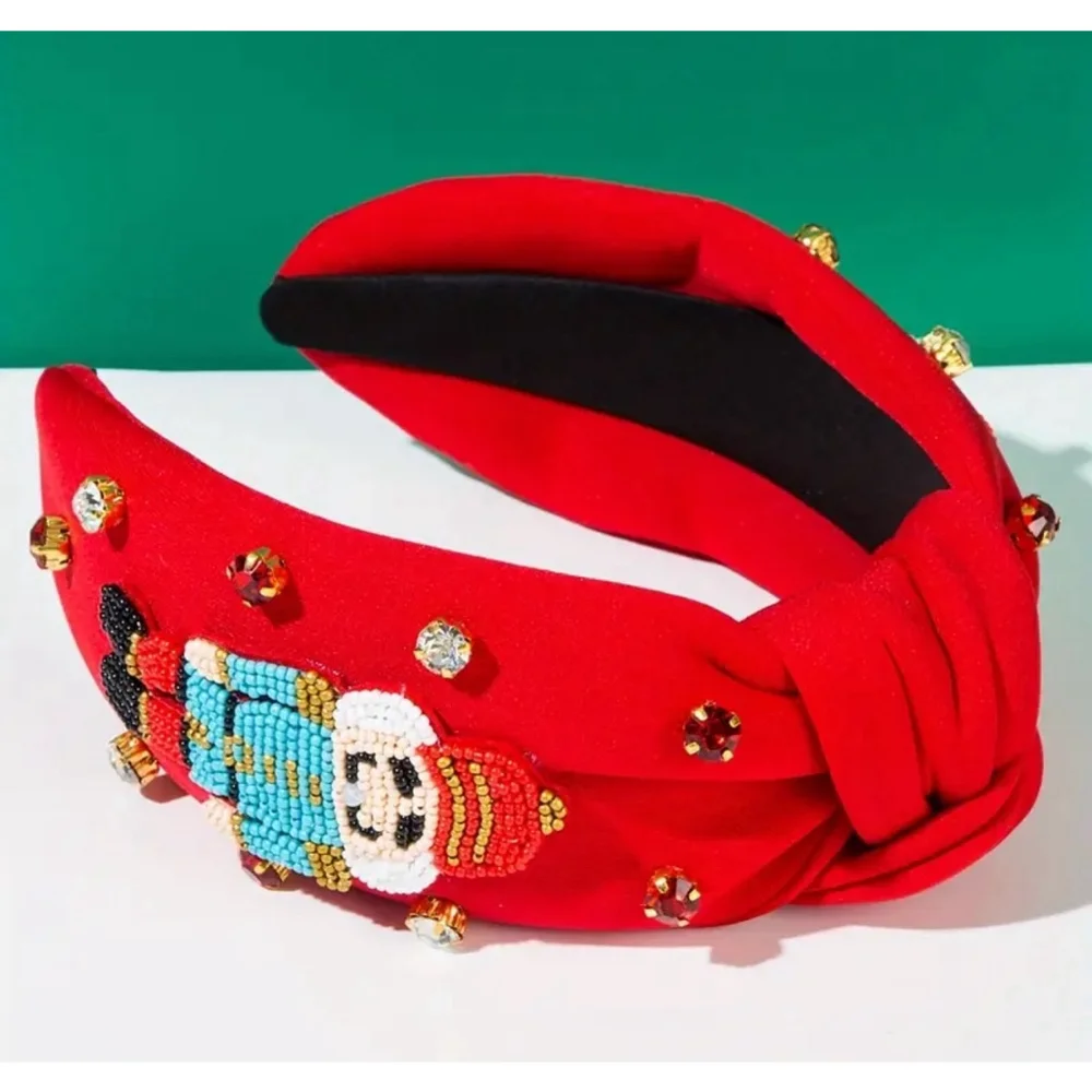 Beaded Nutcracker Red Christmas Top Knot Headband with Rhinestone Accents